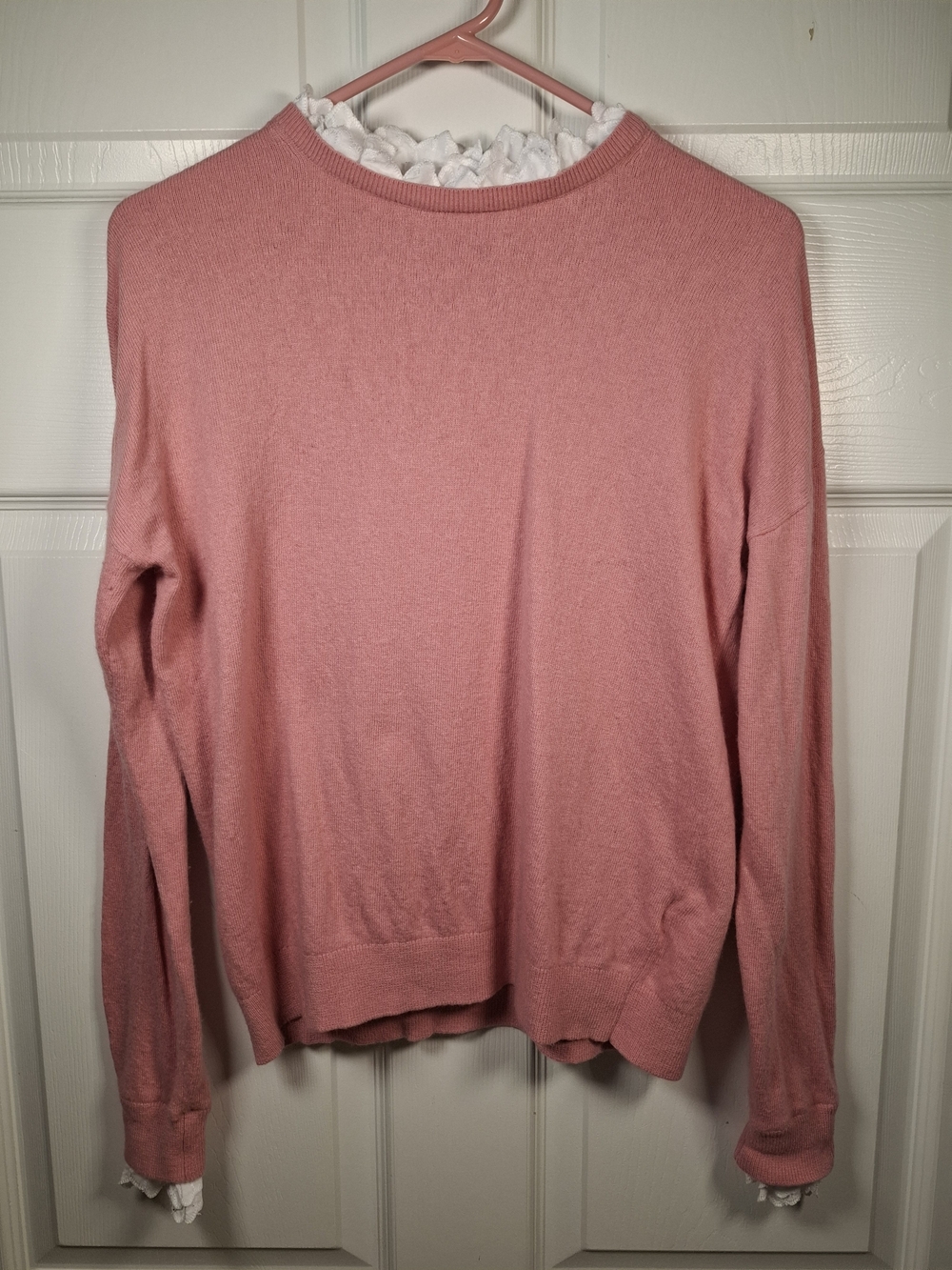 Pink Women’s Crewneck Sweater with Ruffle Trim